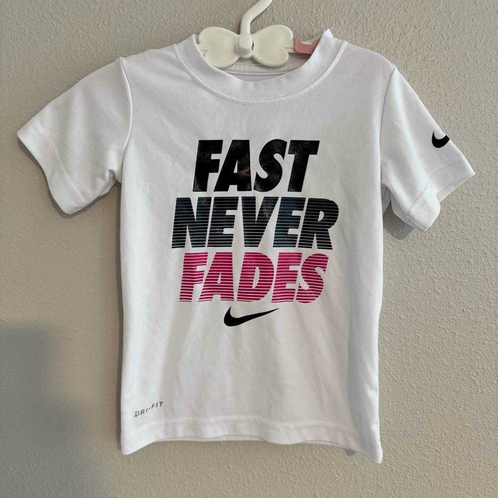 Nike Kids White DriFit Tee with Fast Never Fades Print